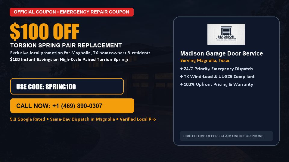 $100 OFF Dual High-Cycle Torsion Spring Replacement in Magnolia, TX - Madison Garage Door Service