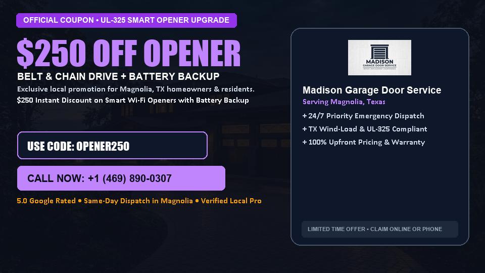 $250 OFF Smart Wi-Fi Garage Door Opener Installation in Magnolia, TX - Madison Garage Door Service